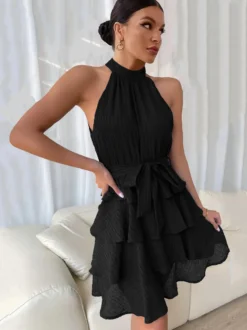Robe de Patineuse Courte en Mousseline avec Bretelles à Col Rond avec Epaule Dénudée Coupe Cintrée à Lacets Unicolore