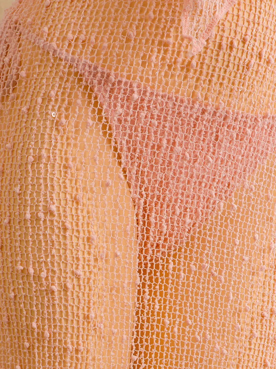 Robe de plage midi dos nu à boutons soleil en maille ajourée transparente