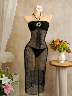 Robe de plage midi dos nu à boutons soleil en maille ajourée transparente