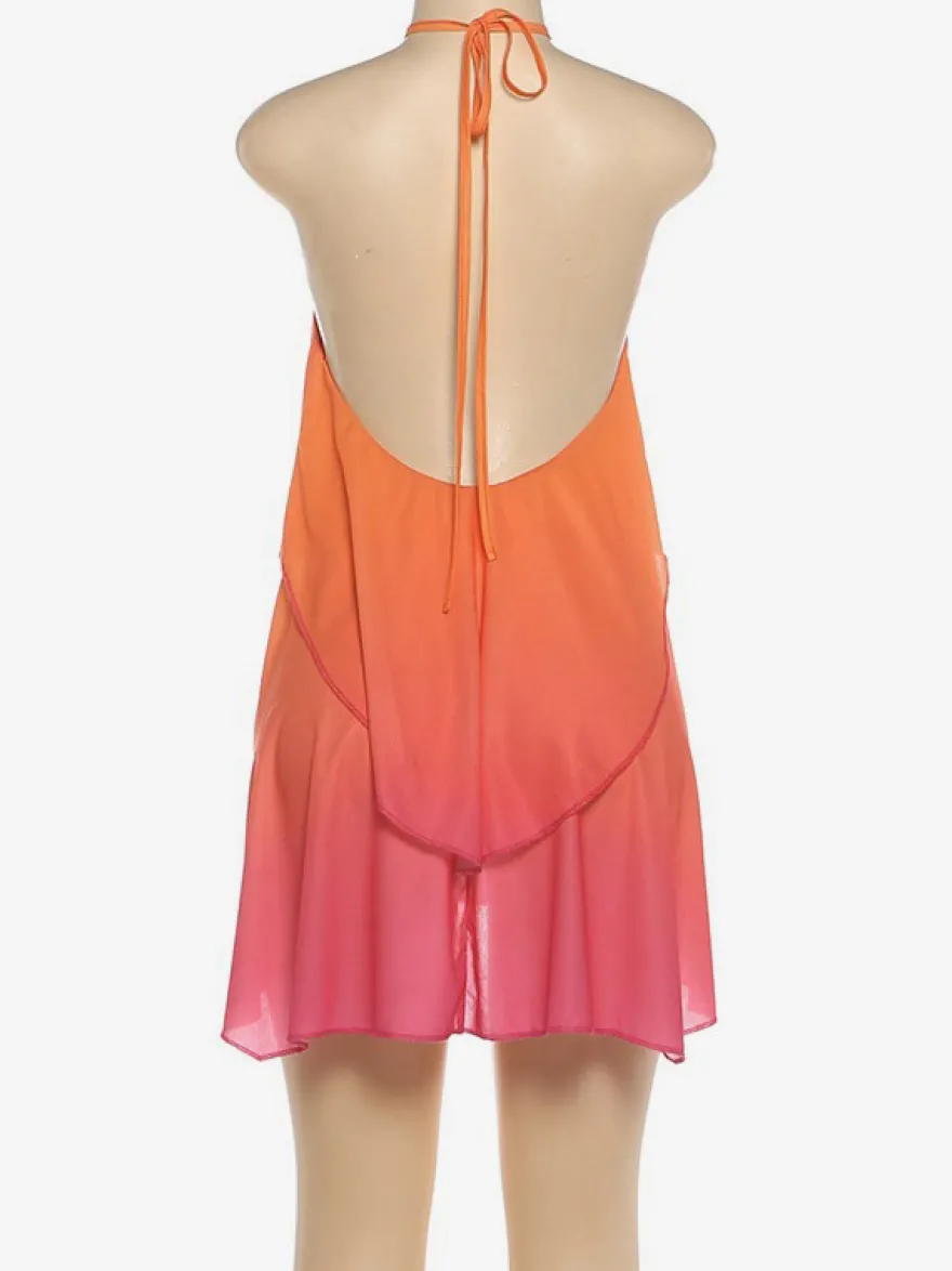 Robe de plage mini en mousseline dégradée dos nu col halter volants et superpositions