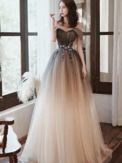 Robe de soirée A-ligne Bateau Neck Tulle Longueur ras du sol Robes de soirée formelles perlées