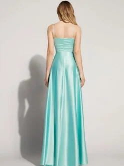 Robe de soirée A-ligne col carré sans manches dos nu fendu devant satin robes de reconstitution historique sociale personnalisation gratuite