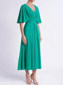 Robe de soirée A-ligne col en V thé longueur manches courtes dos nu soie élastique comme le Satin robes de soirée formelles personnalisation gratuite