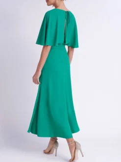 Robe de soirée A-ligne col en V thé longueur manches courtes dos nu soie élastique comme le Satin robes de soirée formelles personnalisation gratuite
