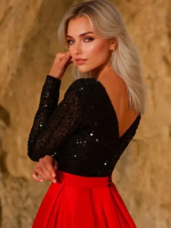 Robe de soirée A-Line Col en V Balayage Manches longues Robe de mariée Boutons fonctionnels Paillettes Tissu satiné Robes de soirée sociales
