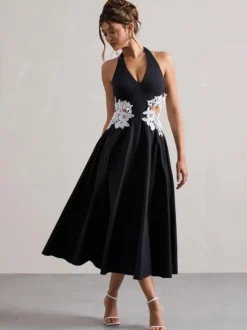 Robe de soirée A-Line Décolleté en polyester Longueur thé Dentelle Robes de soirée formelles