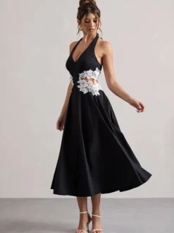 Robe de soirée A-Line Décolleté en polyester Longueur thé Dentelle Robes de soirée formelles