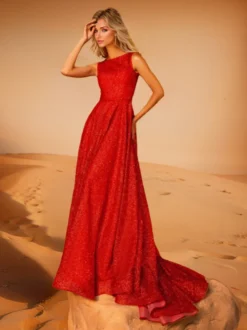 Robe de soirée A-Line Jewel Neck Polyester avec traîne Robes de soirée sociales
