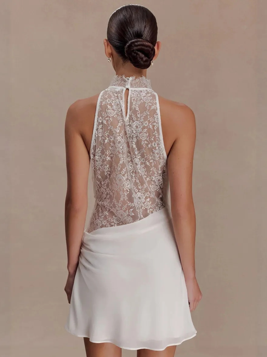 Robe de soirée blanche dos nu drapée en satin mini-robe en dentelle robe de cocktail pour mariage ou fête.