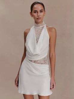 Robe de soirée blanche dos nu drapée en satin mini-robe en dentelle robe de cocktail pour mariage ou fête.