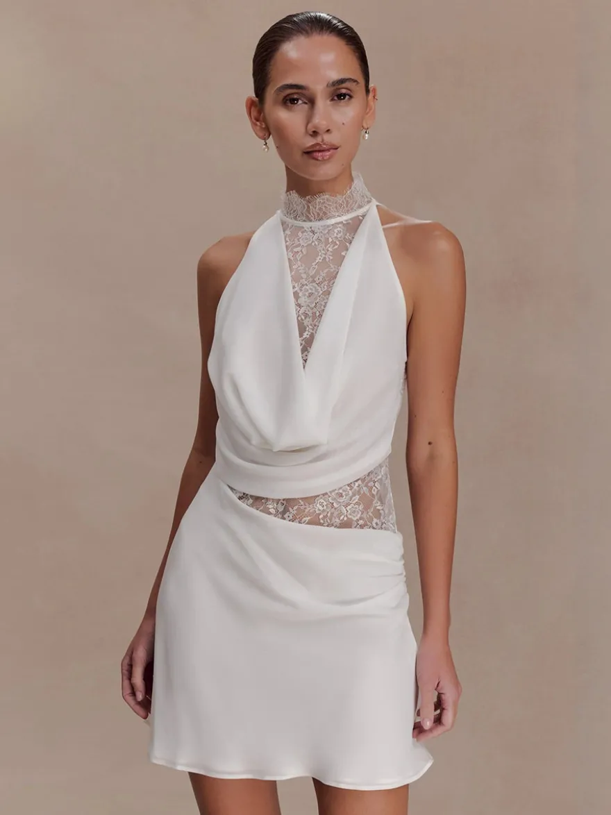 Robe de soirée blanche dos nu drapée en satin mini-robe en dentelle robe de cocktail pour mariage ou fête.