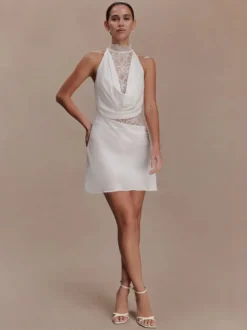 Robe de soirée blanche dos nu drapée en satin mini-robe en dentelle robe de cocktail pour mariage ou fête.