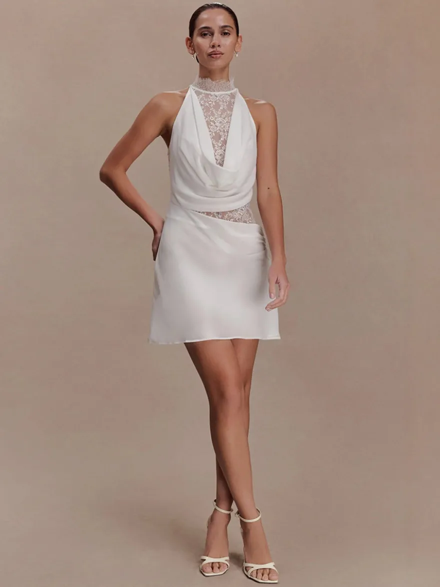 Robe de soirée blanche dos nu drapée en satin mini-robe en dentelle robe de cocktail pour mariage ou fête.