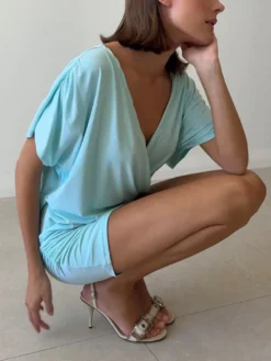 Robe de soirée blanche en polyester à manches courtes et col en V