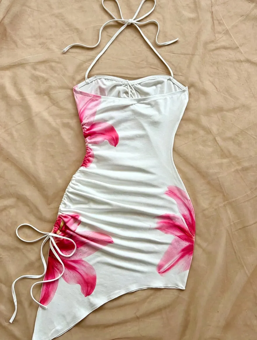 Robe de soirée blanche à imprimé floral sans manches bretelles dos nu robe d'été