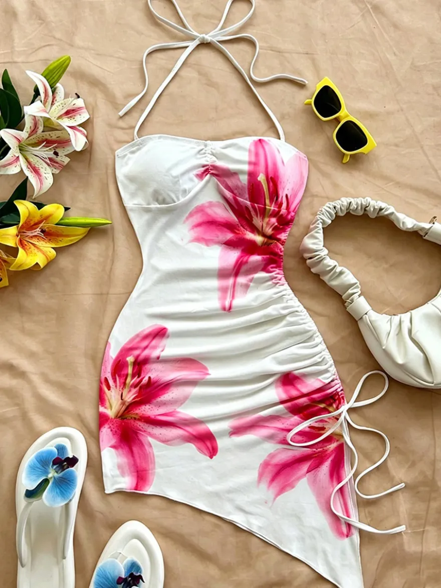 Robe de soirée blanche à imprimé floral sans manches bretelles dos nu robe d'été