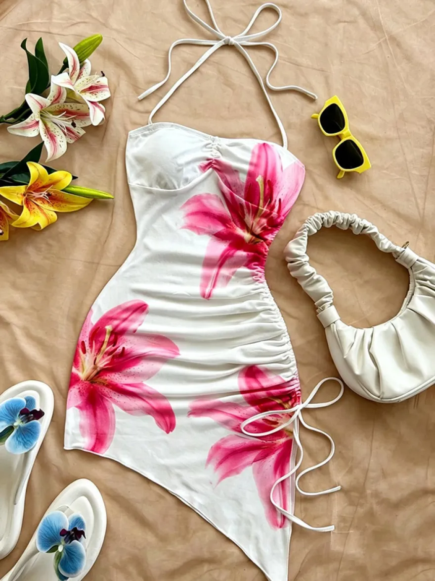 Robe de soirée blanche à imprimé floral sans manches bretelles dos nu robe d'été