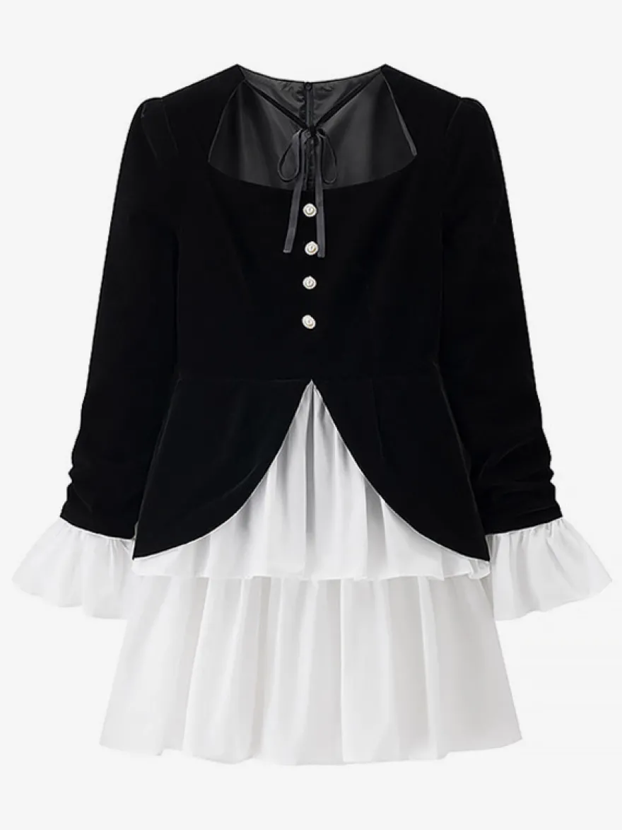 Robe de soirée chic bicolore noire à volants mini-robe deux-pièces à manches longues.
