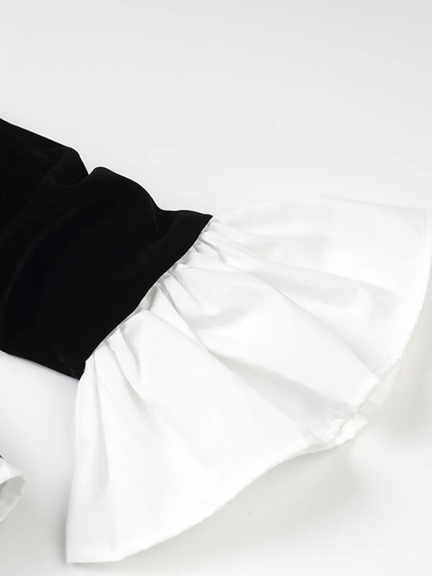 Robe de soirée chic bicolore noire à volants mini-robe deux-pièces à manches longues.