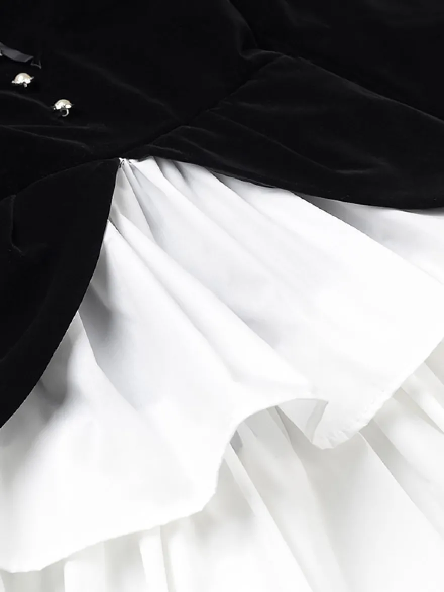 Robe de soirée chic bicolore noire à volants mini-robe deux-pièces à manches longues.