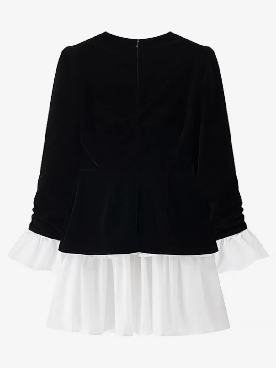 Robe de soirée chic bicolore noire à volants mini-robe deux-pièces à manches longues.