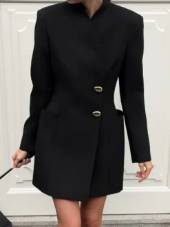 Robe de soirée à col montant boutons dorés manches longues poche blazer de bureau