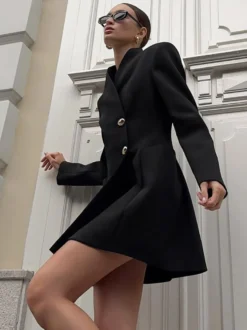 Robe de soirée à col montant boutons dorés manches longues poche blazer de bureau