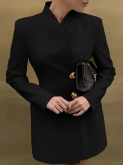 Robe de soirée à col montant boutons dorés manches longues poche blazer de bureau