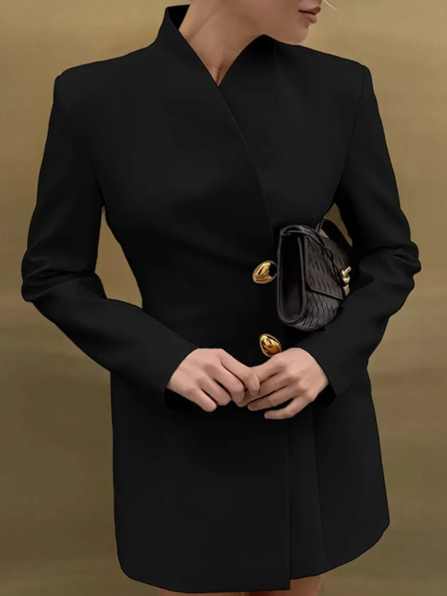 Robe de soirée à col montant boutons dorés manches longues poche blazer de bureau