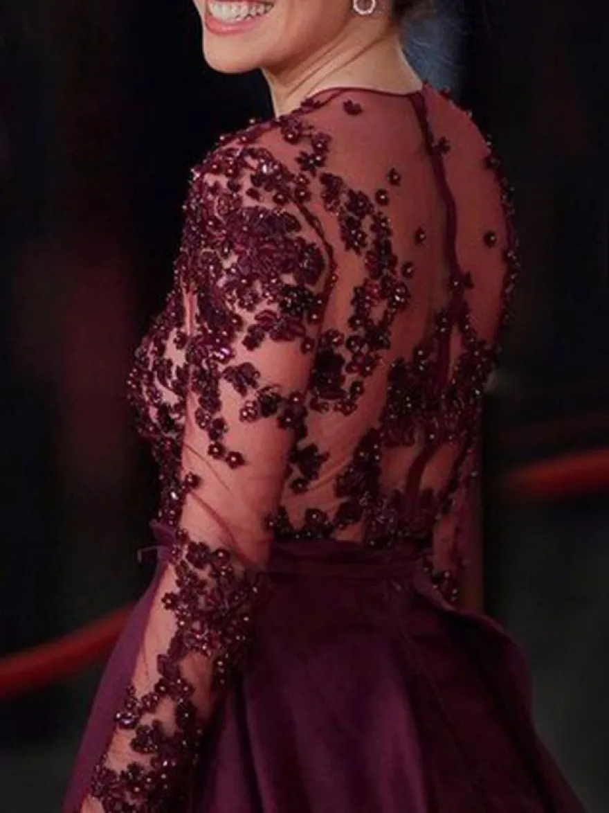 Robe de soirée col rond manche longue au sol zip sur dos