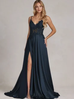 Robe de soirée col v à bretelle jupe fendu robe de bal