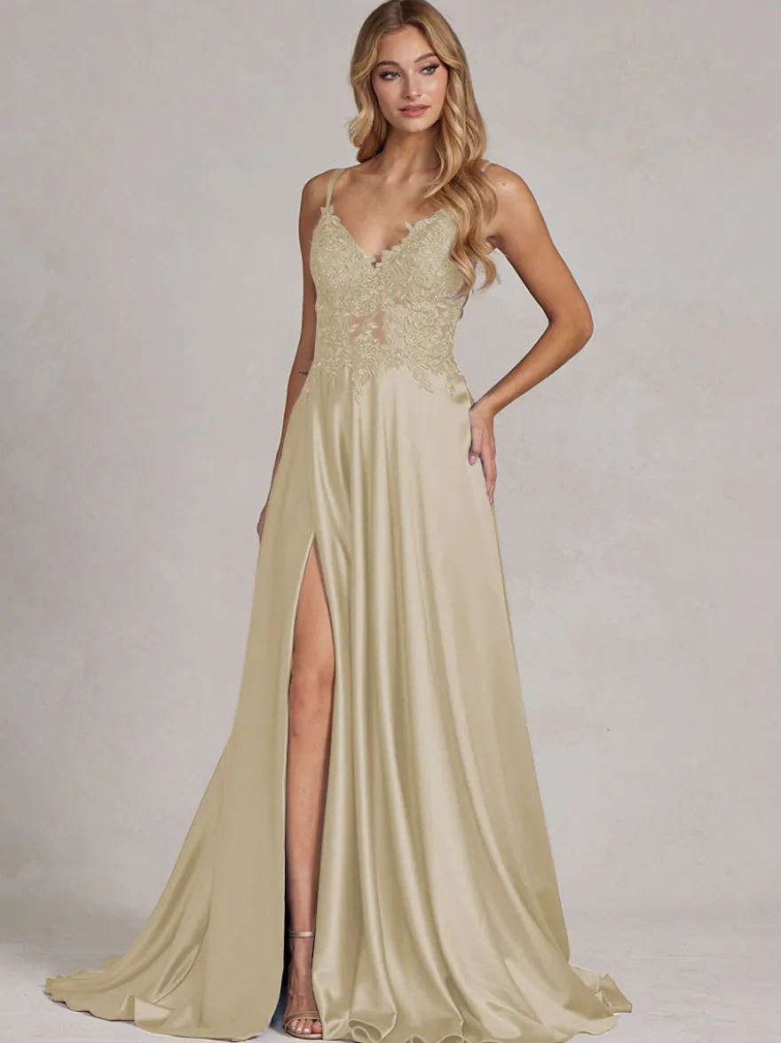 Robe de soirée col v à bretelle jupe fendu robe de bal