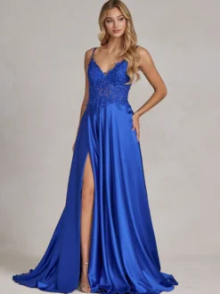 Robe de soirée col v à bretelle jupe fendu robe de bal