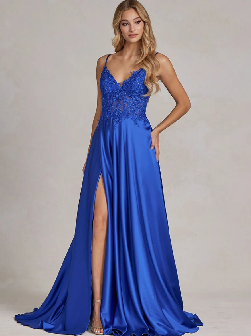 Robe de soirée col v à bretelle jupe fendu robe de bal