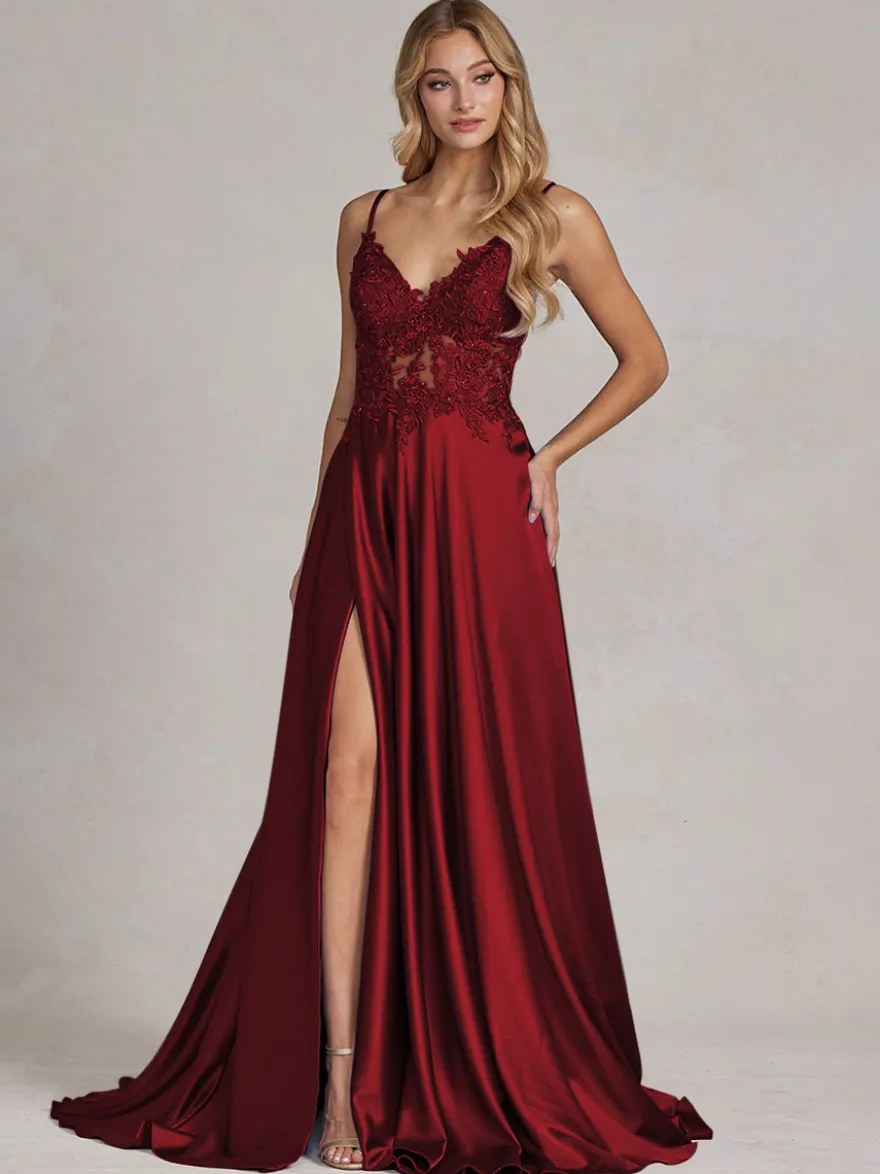 Robe de soirée col v à bretelle jupe fendu robe de bal