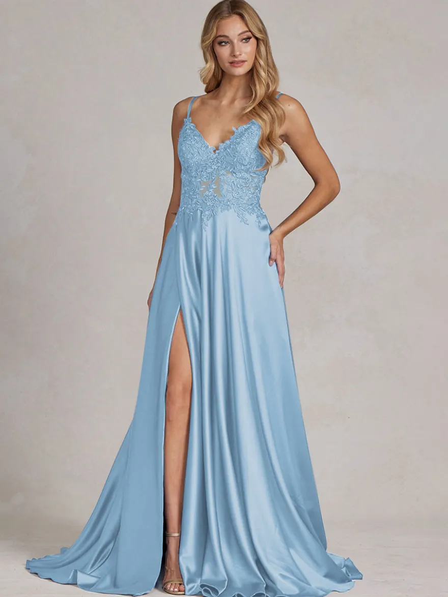 Robe de soirée col v à bretelle jupe fendu robe de bal