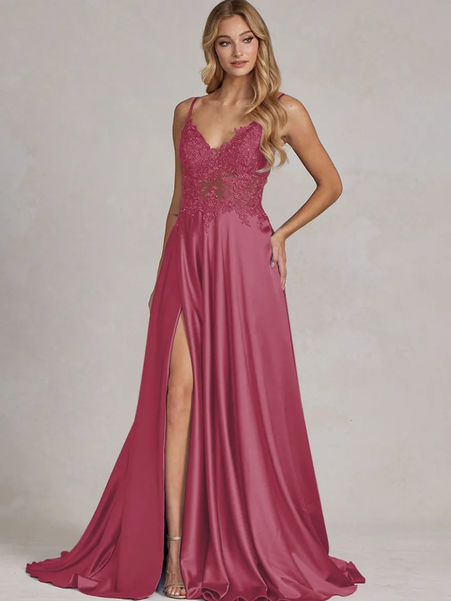 Robe de soirée col v à bretelle jupe fendu robe de bal