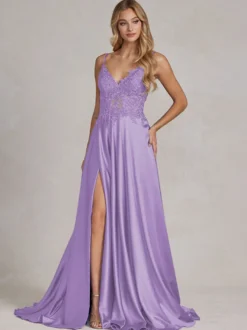 Robe de soirée col v à bretelle jupe fendu robe de bal