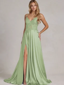 Robe de soirée col v à bretelle jupe fendu robe de bal