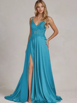 Robe de soirée col v à bretelle jupe fendu robe de bal