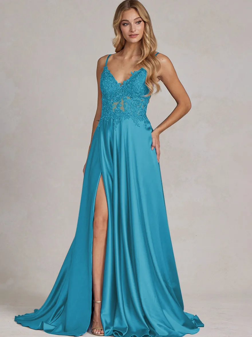 Robe de soirée col v à bretelle jupe fendu robe de bal