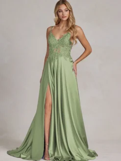 Robe de soirée col v à bretelle jupe fendu robe de bal