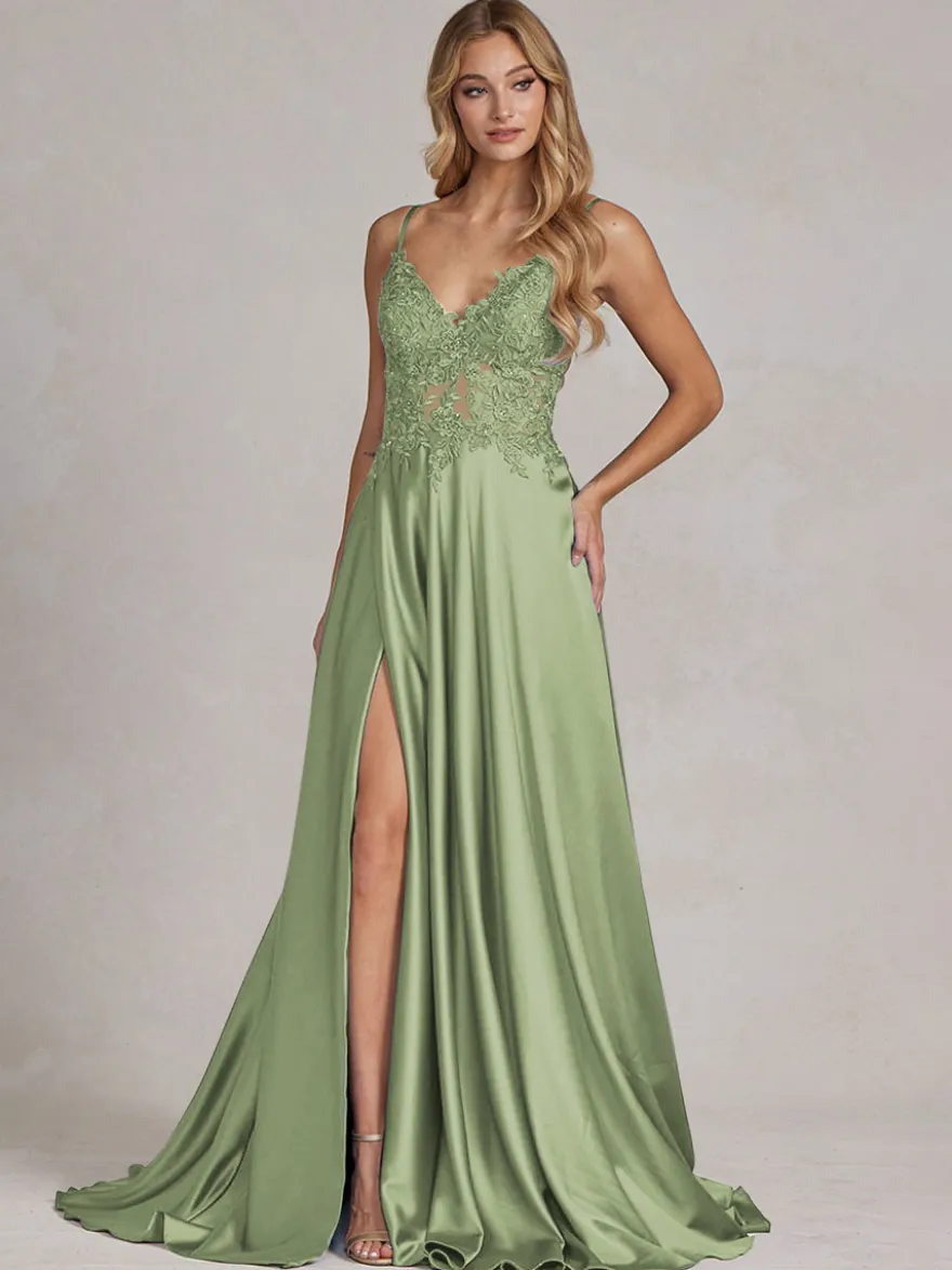 Robe de soirée col v à bretelle jupe fendu robe de bal