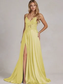 Robe de soirée col v à bretelle jupe fendu robe de bal