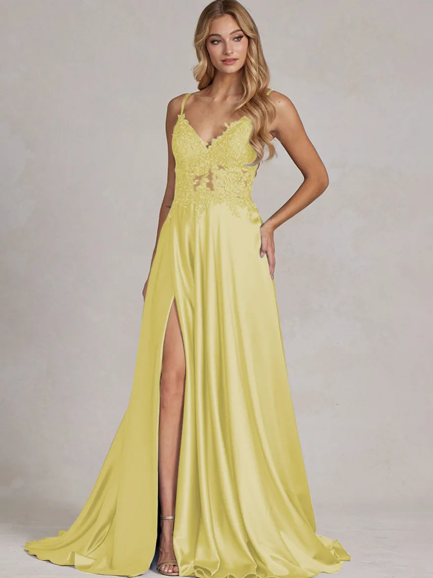 Robe de soirée col v à bretelle jupe fendu robe de bal