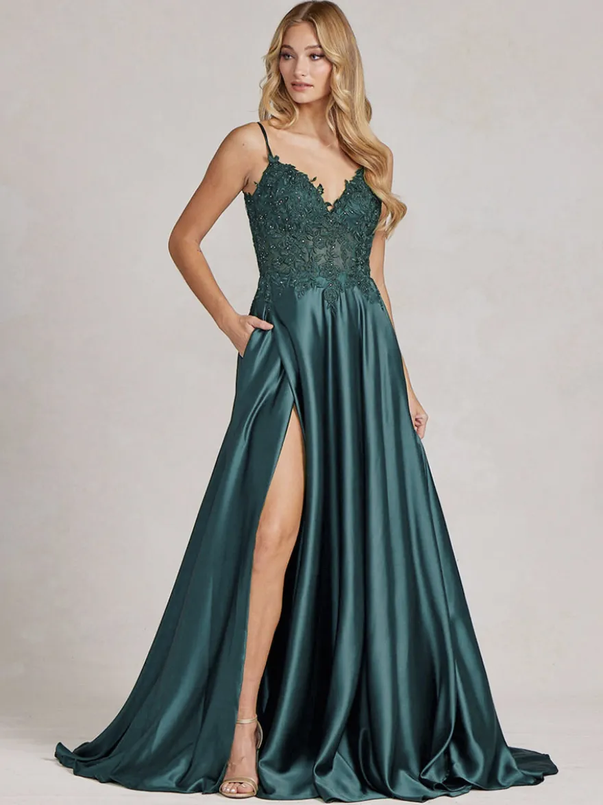 Robe de soirée col v à bretelle jupe fendu robe de bal