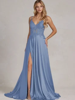 Robe de soirée col v à bretelle jupe fendu robe de bal