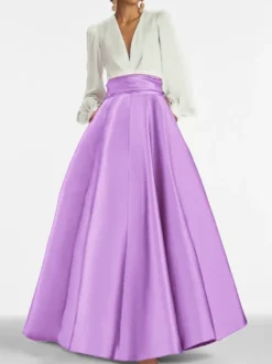 Robe de soirée col V manche longue jupe en satin au sol