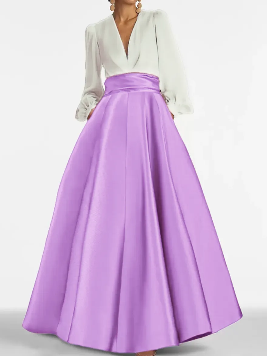 Robe de soirée col V manche longue jupe en satin au sol