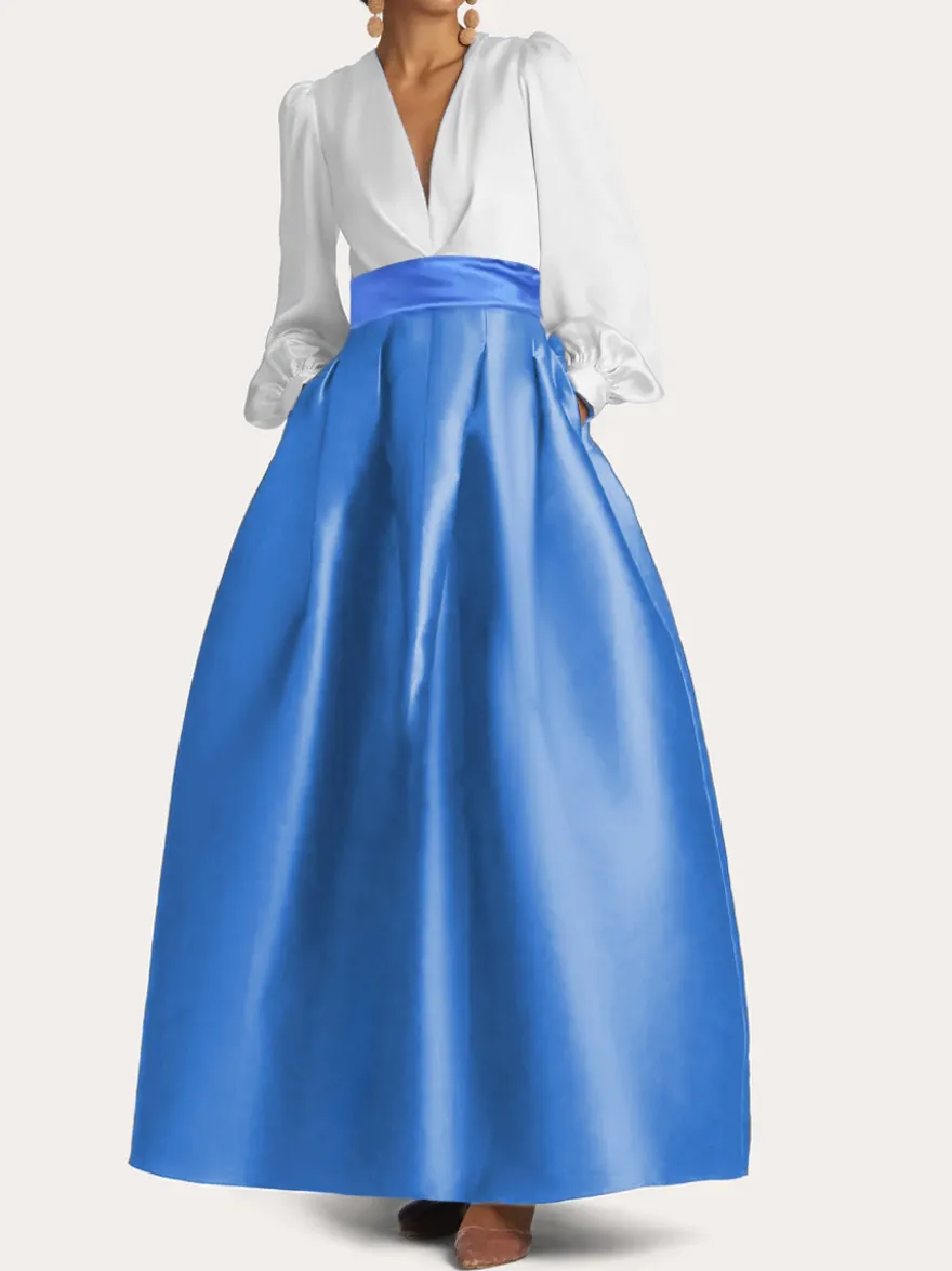 Robe de soirée col V manche longue jupe en satin au sol